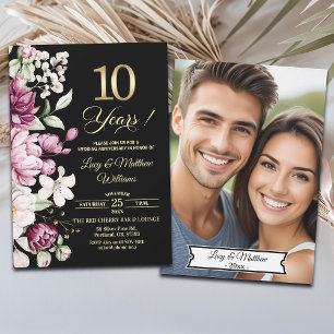 Elegantes Hochzeitsjubiläumsfoto Gold Blumen 10 Ja Einladung