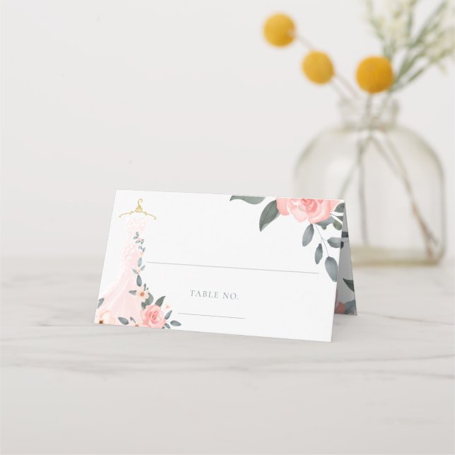 Elegantes Hochzeitskleid mit floralen Rosa Rosenfa Platzkarte (Vorderseite)