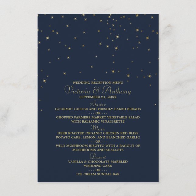 Elegantes Hochzeitsmenü der Marine & Gold Falling  Menükarte (Vorderseite)