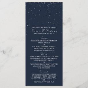 Elegantes Hochzeitsmenü der Navy und Silver Fallin Menükarte