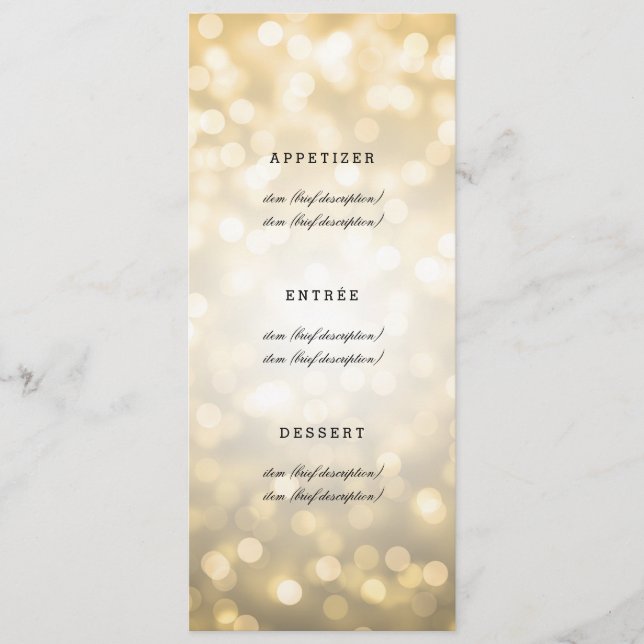 Elegantes Hochzeitsmenü Gold Glitzer Lights Menükarte (Vorderseite)