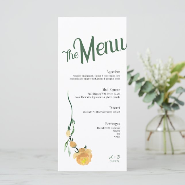 Elegantes Hochzeitsmenü Menükarte (Stehend Vorderseite)