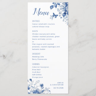Elegantes Hochzeitsmenü mit delikaten blauen Blume Menükarte
