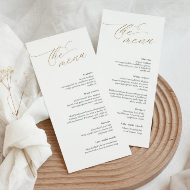 Elegantes Hochzeitsmenü mit Goldkalligrafie-Schrif Menükarte (Von Creator hochgeladen)