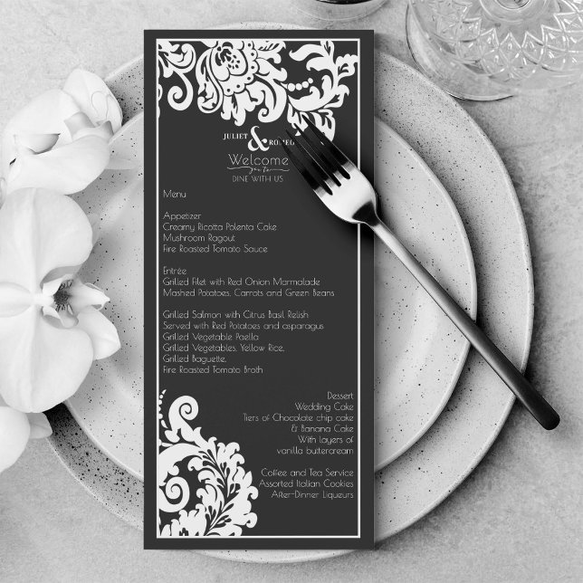 Elegantes Hochzeitsmenü mit schwarz-weißem Damast Menükarte (Elegant black and white floral damask wedding menu)