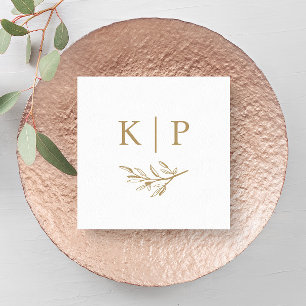 Elegantes Hochzeitsmonogramm mit grünen Blättern  Serviette