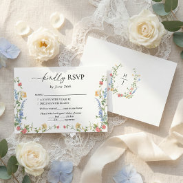 Elegantes Hochzeitsmonogramm mit Wildblumen RSVP Karte