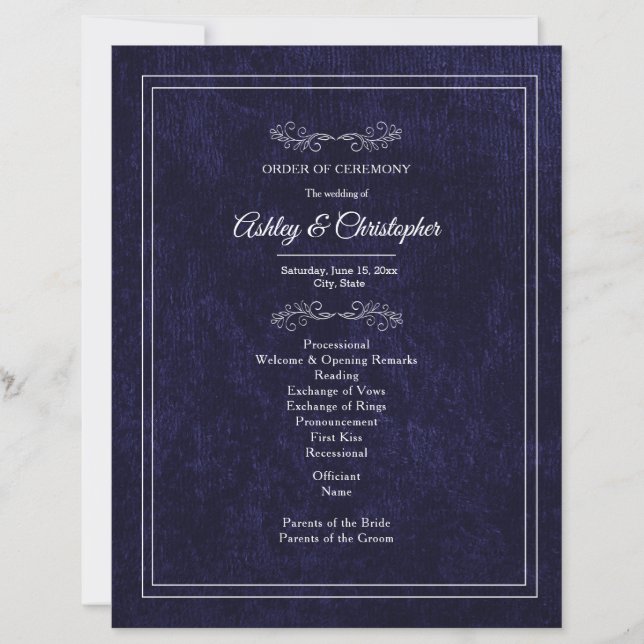 Elegantes Hochzeitsprogramm aus navyblauem Samt un (Vorderseite)