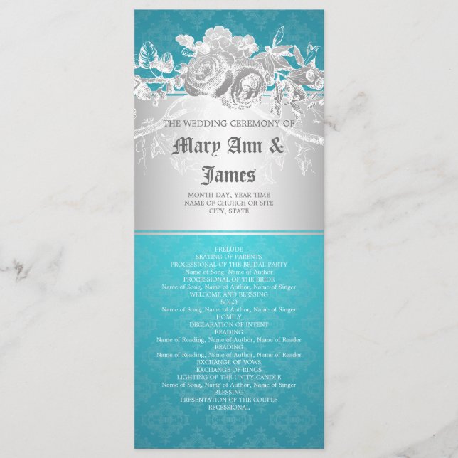Elegantes Hochzeitsprogramm Barock Geblüht Blau Programm (Vorderseite)