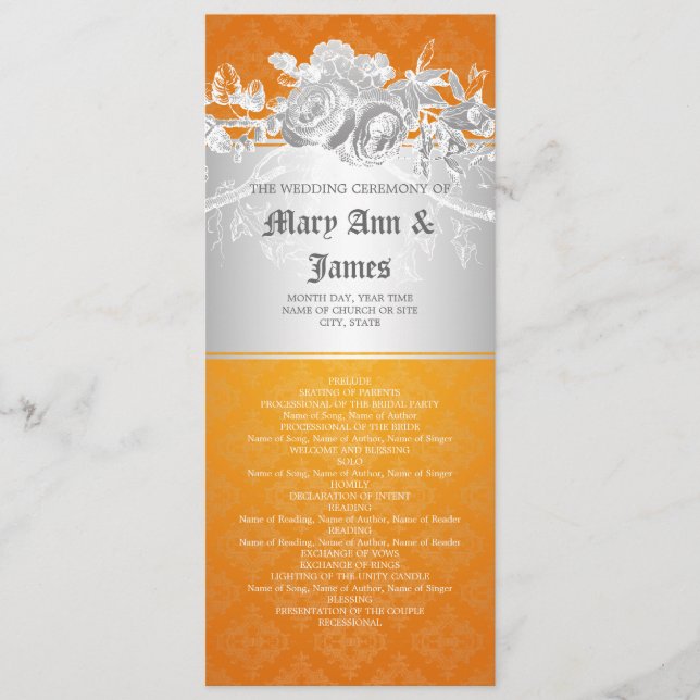 Elegantes Hochzeitsprogramm Barock Geblüht Orange Programm (Vorderseite)