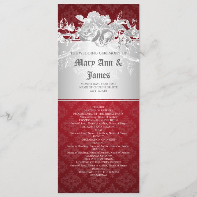 Elegantes Hochzeitsprogramm Barock Geblüht Rot Programm (Vorderseite)