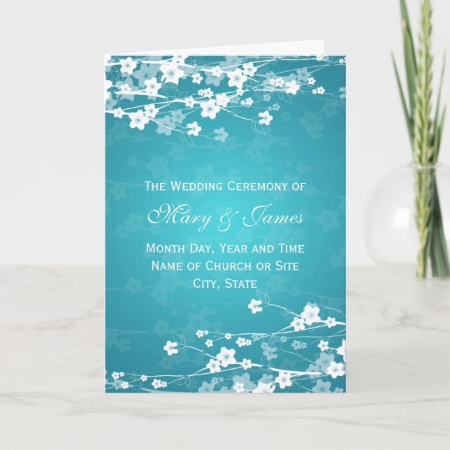Elegantes Hochzeitsprogramm Cherry Blossom Blau Programm (Vorderseite)