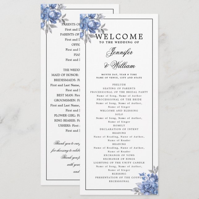 Elegantes Hochzeitsprogramm Dusty Blue Rustikale B Einladung (Vorne/Hinten)