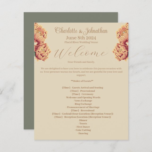 Elegantes Hochzeitsprogramm für blühende Kakteen (Vorne/Hinten)