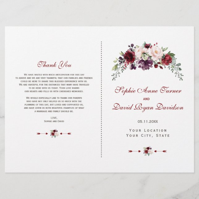 Elegantes Hochzeitsprogramm für Burgundy Floral An (Vorderseite)