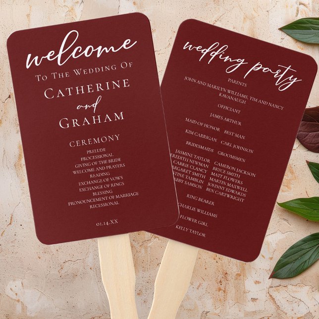 Elegantes Hochzeitsprogramm für Burgundy-Typografi Fächer (Von Creator hochgeladen)