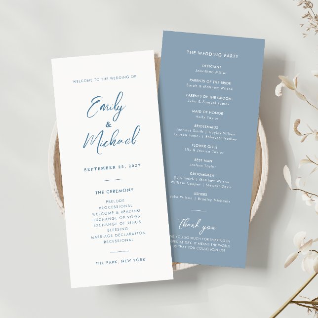 Elegantes Hochzeitsprogramm für Dusty Blue Calligr Einladung (Von Creator hochgeladen)