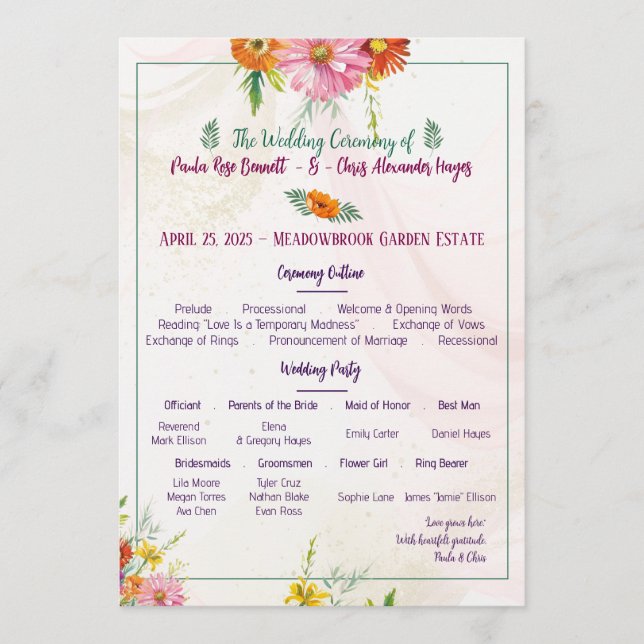 Elegantes Hochzeitsprogramm für einen Wildblumenga Programm (Vorderseite)