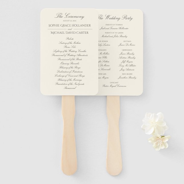 Elegantes Hochzeitsprogramm für Elfenbein Set von  Fächer (Vorne und Hinten)
