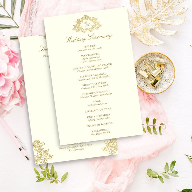 Elegantes Hochzeitsprogramm für Elfenbein und Gold (Elegant ivory and gold vintage ornament frame crest monogram wedding program template)