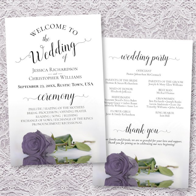 Elegantes Hochzeitsprogramm für Lila Rose (Front/Back)