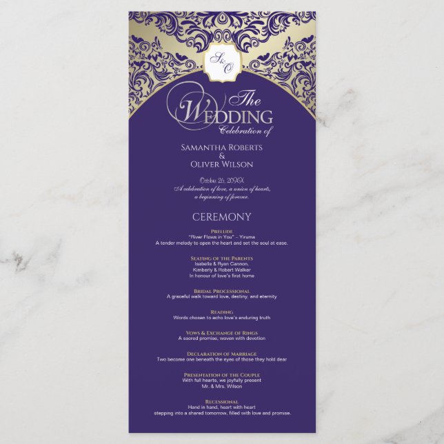 Elegantes Hochzeitsprogramm für Lila und goldene M Programm (Vorderseite)