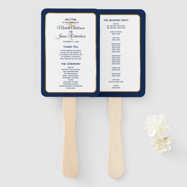 Elegantes Hochzeitsprogramm für Navy Blue Gold Pal Fächer (Vorne und Hinten)