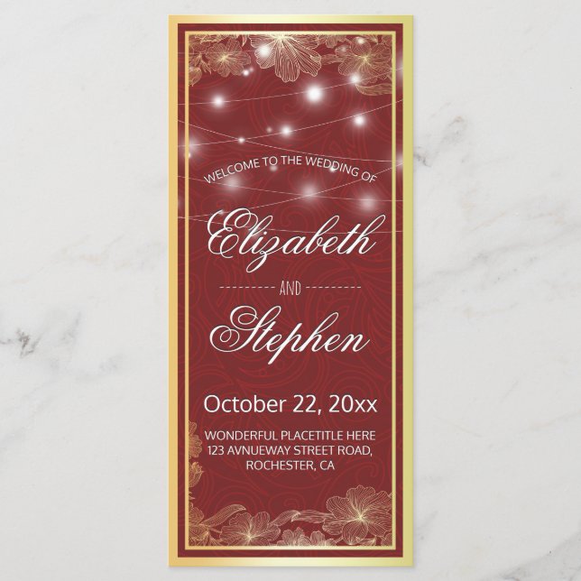Elegantes Hochzeitsprogramm für Rote und Goldflora Programm (Vorderseite)