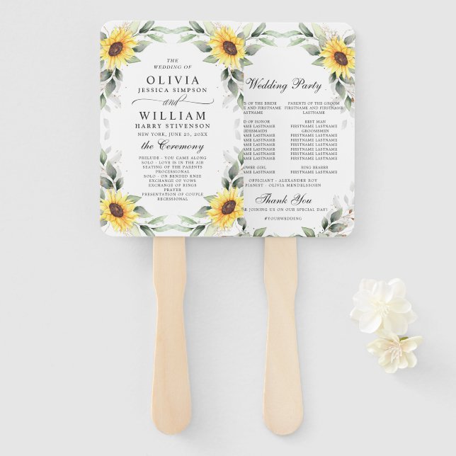 Elegantes Hochzeitsprogramm für Sonnenblumen Fächer (Vorne und Hinten)