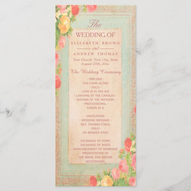 Elegantes Hochzeitsprogramm für Vintage Rose Programm (Vorderseite)