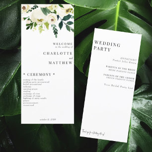 Elegantes Hochzeitsprogramm für Weiße Flora Menükarte