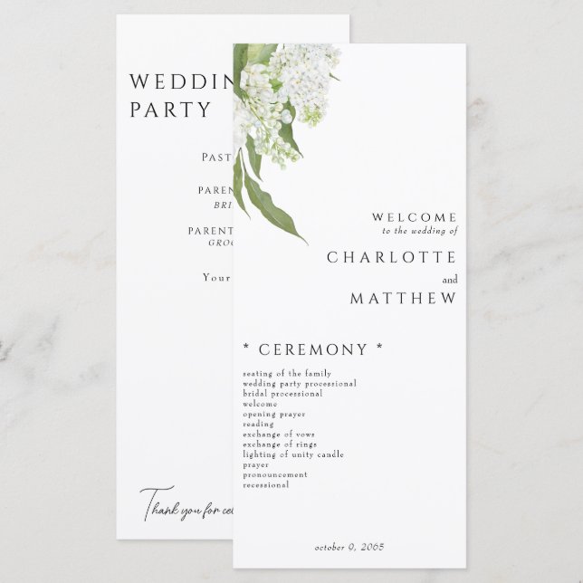 Elegantes Hochzeitsprogramm für Weiße Flora Menükarte (Vorne/Hinten)