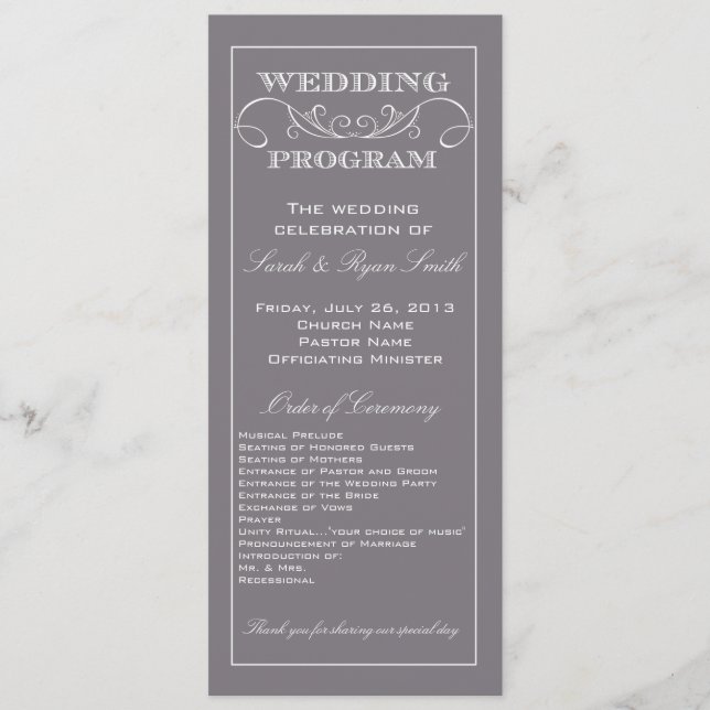 Elegantes Hochzeitsprogramm Gray Swirl Programm (Vorderseite)