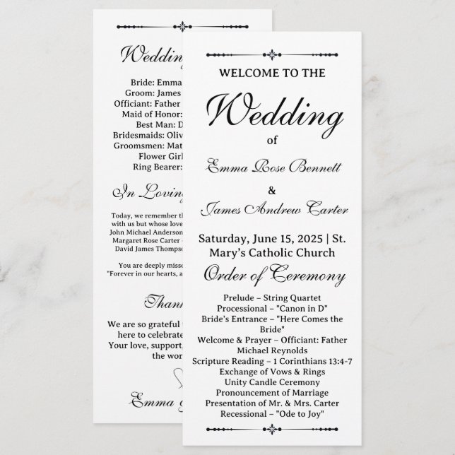 Elegantes Hochzeitsprogramm 'In Loving Memory' (Vorne/Hinten)