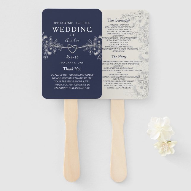Elegantes Hochzeitsprogramm in Navyblau Fächer (Vorne und Hinten)