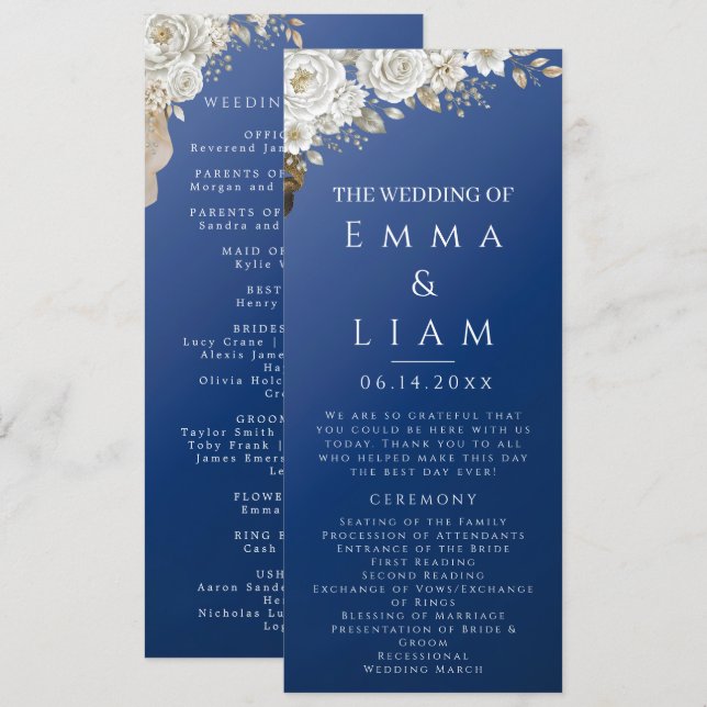 Elegantes Hochzeitsprogramm in Navyblau, Gold und  Programm (Vorne/Hinten)