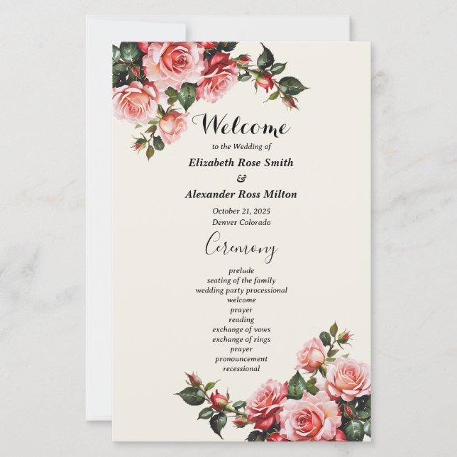 Elegantes Hochzeitsprogramm in Rosa und rote Rosen (Vorderseite)