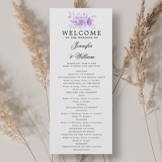 Elegantes Hochzeitsprogramm Lila Blumenschrift Einladung (Elegant Wedding Program Purple Floral Script )