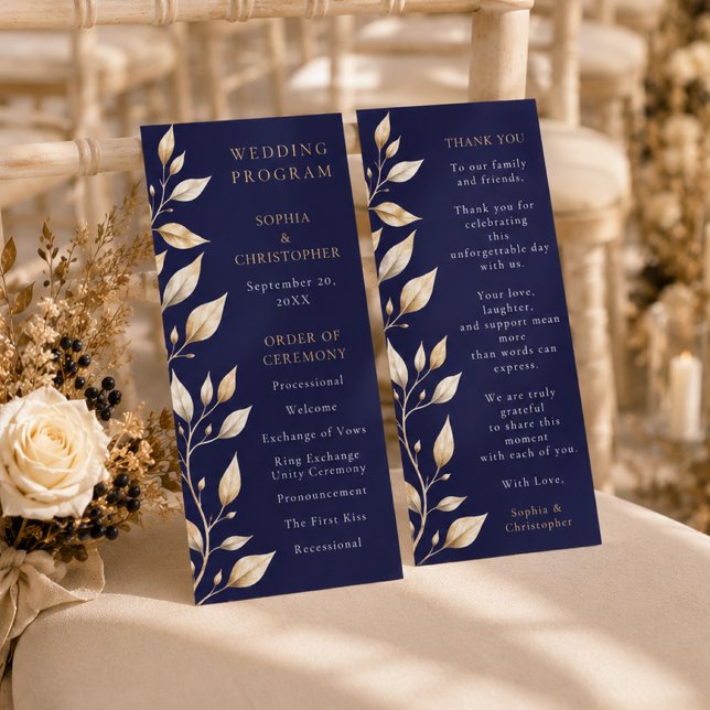 Elegantes Hochzeitsprogramm mit botanischer Navy-U (Von Creator hochgeladen)