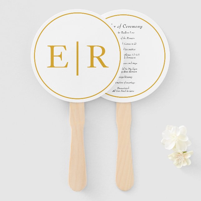 Elegantes Hochzeitsprogramm mit goldener Monogramm Fächer (Vorne und Hinten)