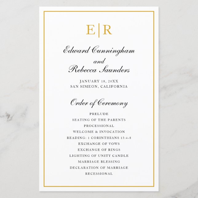 Elegantes Hochzeitsprogramm mit Goldmonogramm (Vorderseite)
