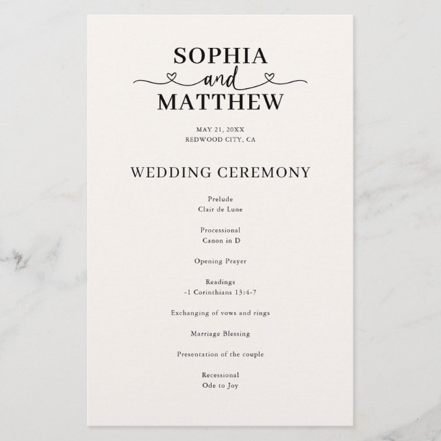 Elegantes Hochzeitsprogramm mit Herzschrift (Vorderseite)