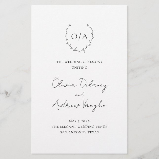 Elegantes Hochzeitsprogramm mit Monogramm-Kranz zu (Vorne)