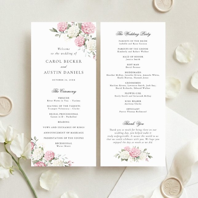 Elegantes Hochzeitsprogramm mit rosa Hortensien un Programm (Von Creator hochgeladen)