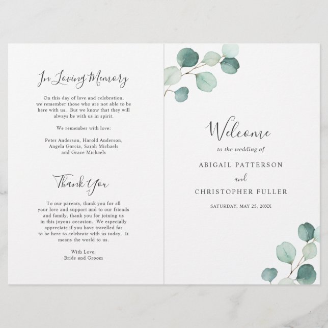 Elegantes Hochzeitsprogramm mit Salbei-Grün-Eukaly (Vorderseite)