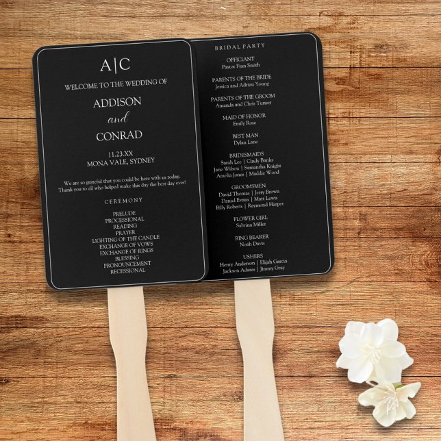 Elegantes Hochzeitsprogramm mit schwarzem Monogram Fächer (Von Creator hochgeladen)