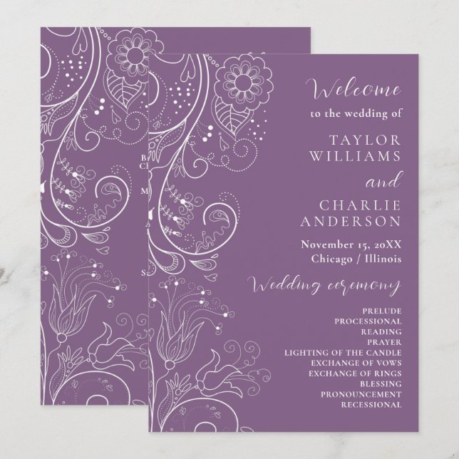 Elegantes Hochzeitsprogramm mit staubigem Violett  Programm (Vorne/Hinten)