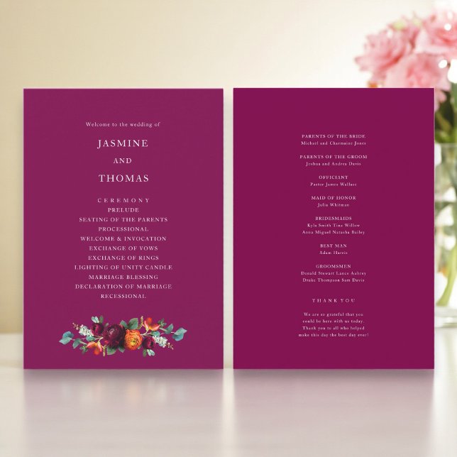Elegantes Hochzeitsprogramm mit tiefrosa floralen  Programm (Von Creator hochgeladen)
