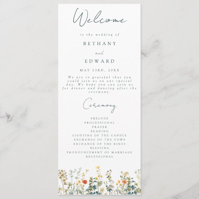 Elegantes Hochzeitsprogramm mit Wildblumen Programm (Vorderseite)