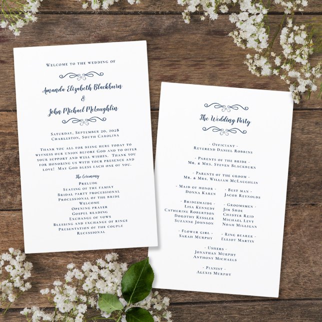 Elegantes Hochzeitsprogramm Moderne Zeremonie Navy (Von Creator hochgeladen)